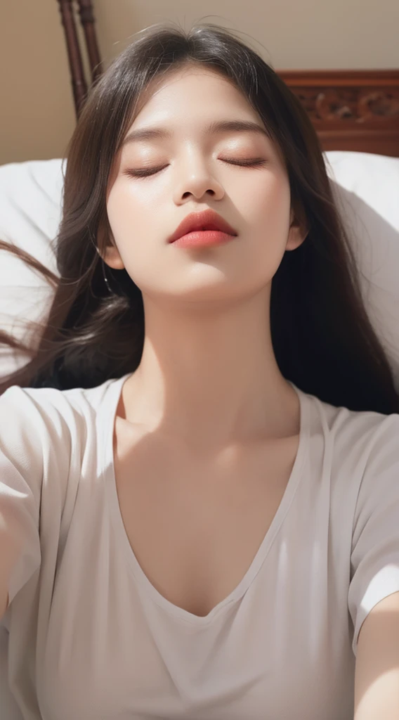 (pencil_sketch:1.2, Messy lines, Grayscale, traditional media, sketch),1 girl black and white,big bed, (Side-lying), (Close your eyes:1.8),Long hair, Side braids, Nipple protrusion,Huge breasts, Oversized white T-shirt, close up, Look, The sun shines on the chest, Beautiful details girl, Clear details, Surrealism, Japanese cartoons, About Art, Ultra HD, Anatomically correct, Super Detail, best quality,(Pink lips),(Red Eyeshadow),