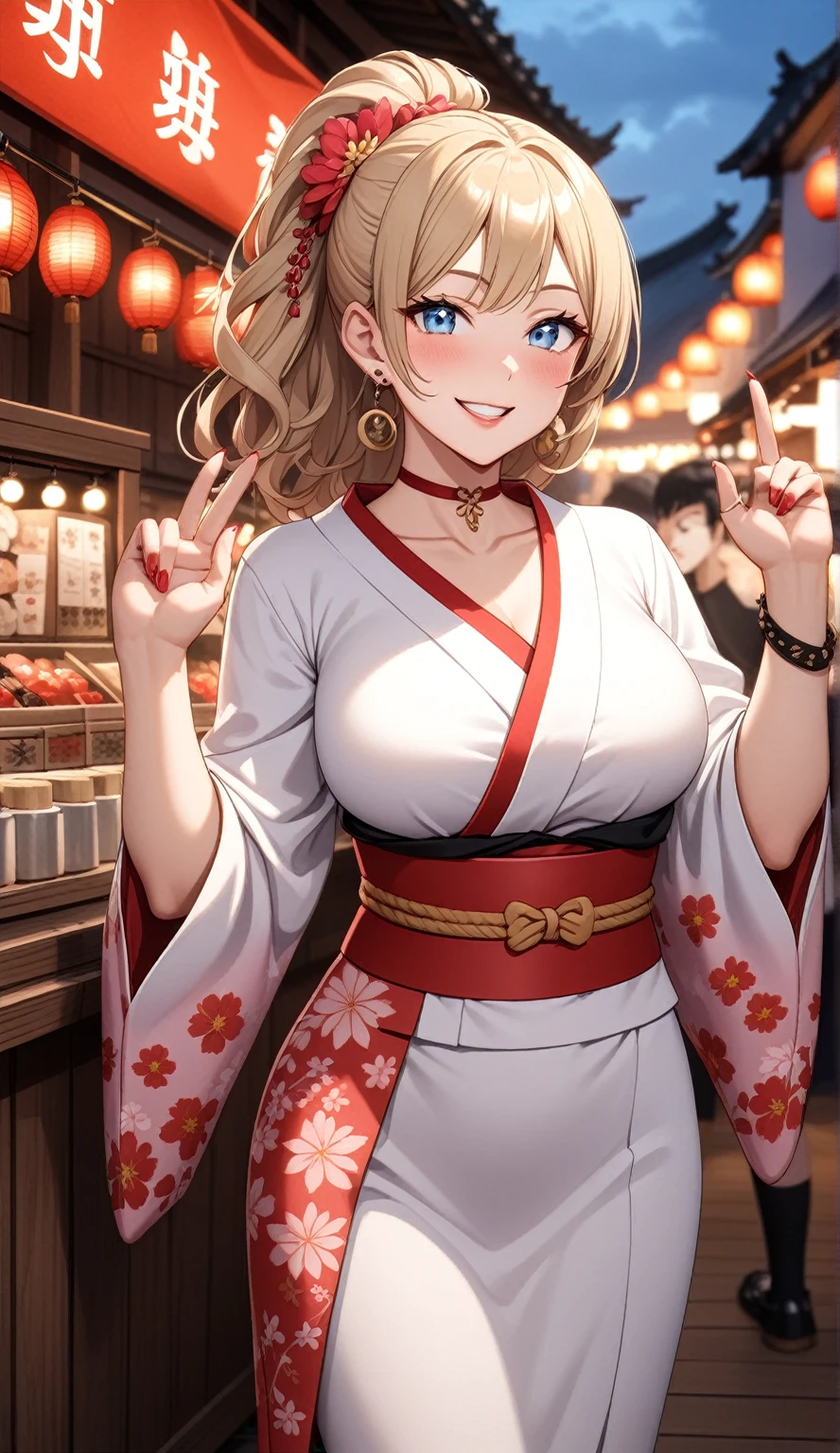 ((One personの女性)), Beautiful Face, (Laughing embarrassedly), ((smirk:1.1)), ((Wink:1.3)), (head tilt:1.3), Laugh with your mouth wide open, upper teeth, looking at viewer, ((Bright red cheeks:1.2)),Glossy Red Lips, evening, Shrine festival stalls, Glossy red lips, Shining Face, ((Anime style background)),masterpiece, Highest quality, so beautiful,up to date, Complex details, (Pink long nails), (nail art), (ring),(bracelet), (helix piercing:1.6), (Floral choker),AI-generated, Complex,High resolution, Highest quality, super high quality,3D Images、3D Images,One person,Blonde long hair,(High Ponytail), (wavy hair), Anime woman posing for a photo, ((Fine grain、Lightly pigmented blue eyes、Shining Eyes:1.3)), (Squint your eyes:1.1),a hyperRealistic , hyperRealistic , Realistic,Long and blonde anime woman, Smooth anime CG art, Pink large floral patternの刺繍が入った、Woman in luxurious kimono, (White long sleeve kimono),(Pink large floral pattern) ,Long flower hair ornament,Earrings,Mature Body,(Big Breasts:1.1),Tall,Abdominal muscles,Tight waist, ( making a peace sign), (front view),
