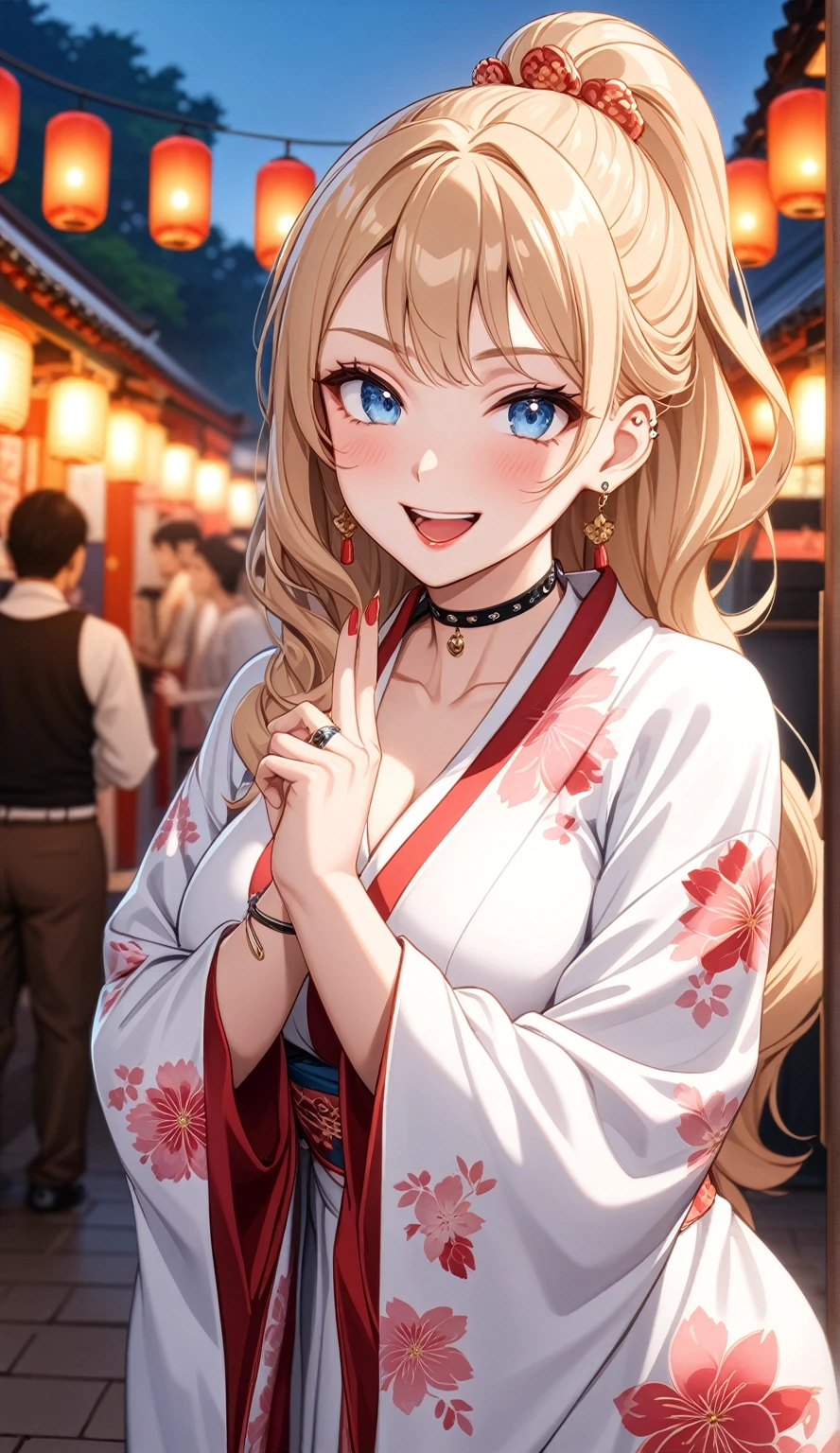 ((One personの女性)), Beautiful Face, (Laughing embarrassedly), ((smirk:1.1)), ((Wink:1.3)), (head tilt:1.3), Laugh with your mouth wide open, upper teeth, looking at viewer, ((Bright red cheeks:1.2)),Glossy Red Lips, evening, Shrine festival stalls, Glossy red lips, Shining Face, ((Anime style background)),masterpiece, Highest quality, so beautiful,up to date, Complex details, (Pink long nails), (nail art), (ring),(bracelet), (helix piercing:1.6), (Floral choker),AI-generated, Complex,High resolution, Highest quality, super high quality,3D Images、3D Images,One person,Blonde long hair,(High Ponytail), (wavy hair), Anime woman posing for a photo, ((Fine grain、Lightly pigmented blue eyes、Shining Eyes:1.3)), (Squint your eyes:1.1),a hyperRealistic , hyperRealistic , Realistic,Long and blonde anime woman, Smooth anime CG art, Pink large floral patternの刺繍が入った、Woman in luxurious kimono, (White long sleeve kimono),(Pink large floral pattern) ,Long flower hair ornament,Earrings,Mature Body,(Big Breasts:1.1),Tall,Abdominal muscles,Tight waist, ( making a peace sign), (front view),