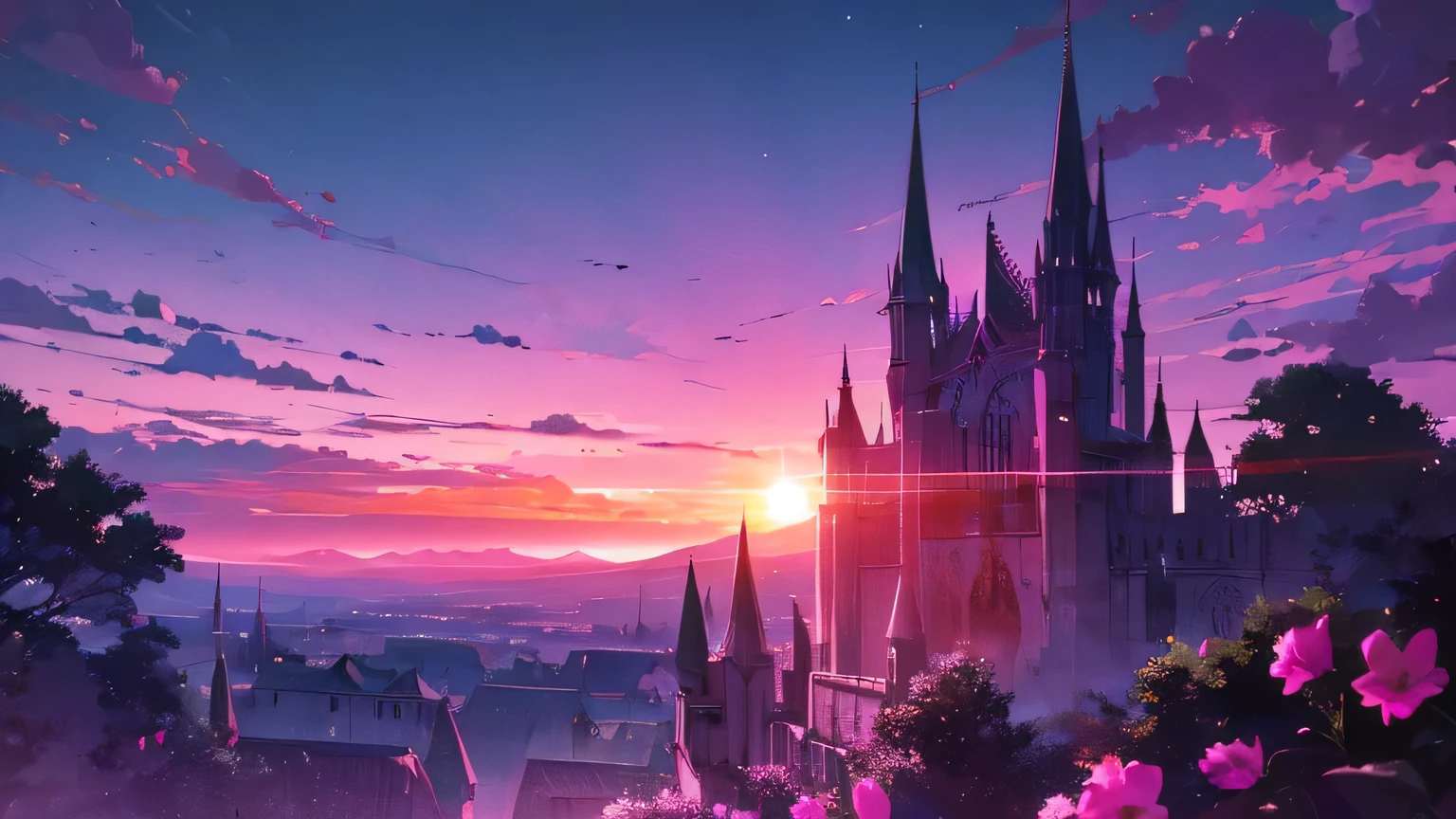 A vampire night in the night, a dark castle, pink sunset, pink flowerr gothic style in the background