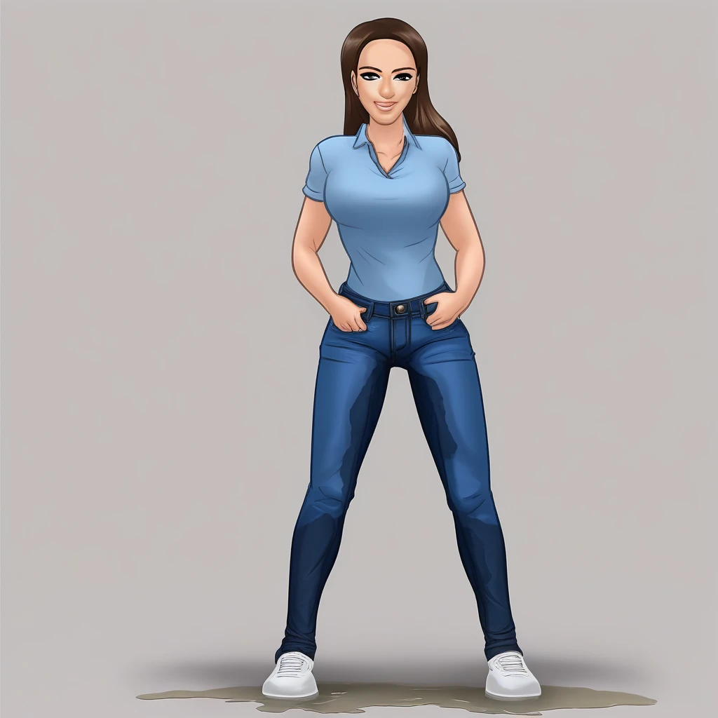 JennySS.  A woman with brown hair, Gray eyes, a fit body, standing infront of an white background, full body, looking at viewer, sexy.
(unzipped her Jeans) she wears a blue shirt, ((wetting self, pee stains, puddle))
