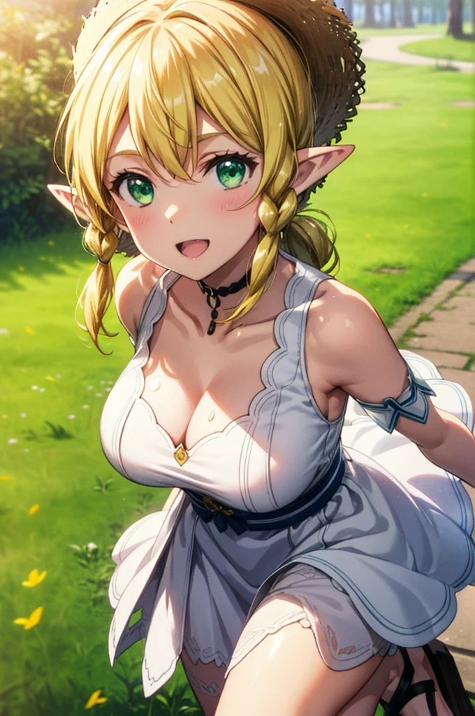 Suguhakirigaya, Suguhakirigaya, Long Hair,Blonde,Green Eyes,Pointy Ears,Short braids,,happy smile, smile, Open your mouth,Big Breasts,White straw hat,White sleeveless dress, bare arms,Green long skirt,Cute Sandals,Walking,Clear skies,whole bodyがイラストに入るように,
break outdoors, nature, forest,
break looking at viewer, whole body,
break (masterpiece:1.2), Highest quality, High resolution, unity 8k wallpaper, (shape:0.8), (Beautiful attention to detail:1.6), Highly detailed face, Perfect lighting, Extremely detailed CG, (Perfect hands, Perfect Anatomy),