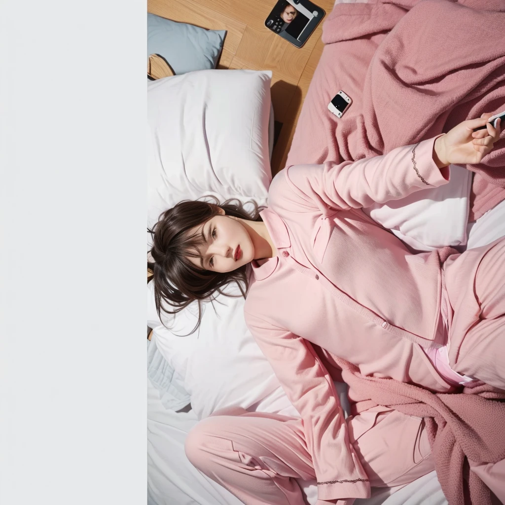 A man lying in bed，Holding mobile phone, Wearing pink pajamas, High-quality photos，Lazy，cute