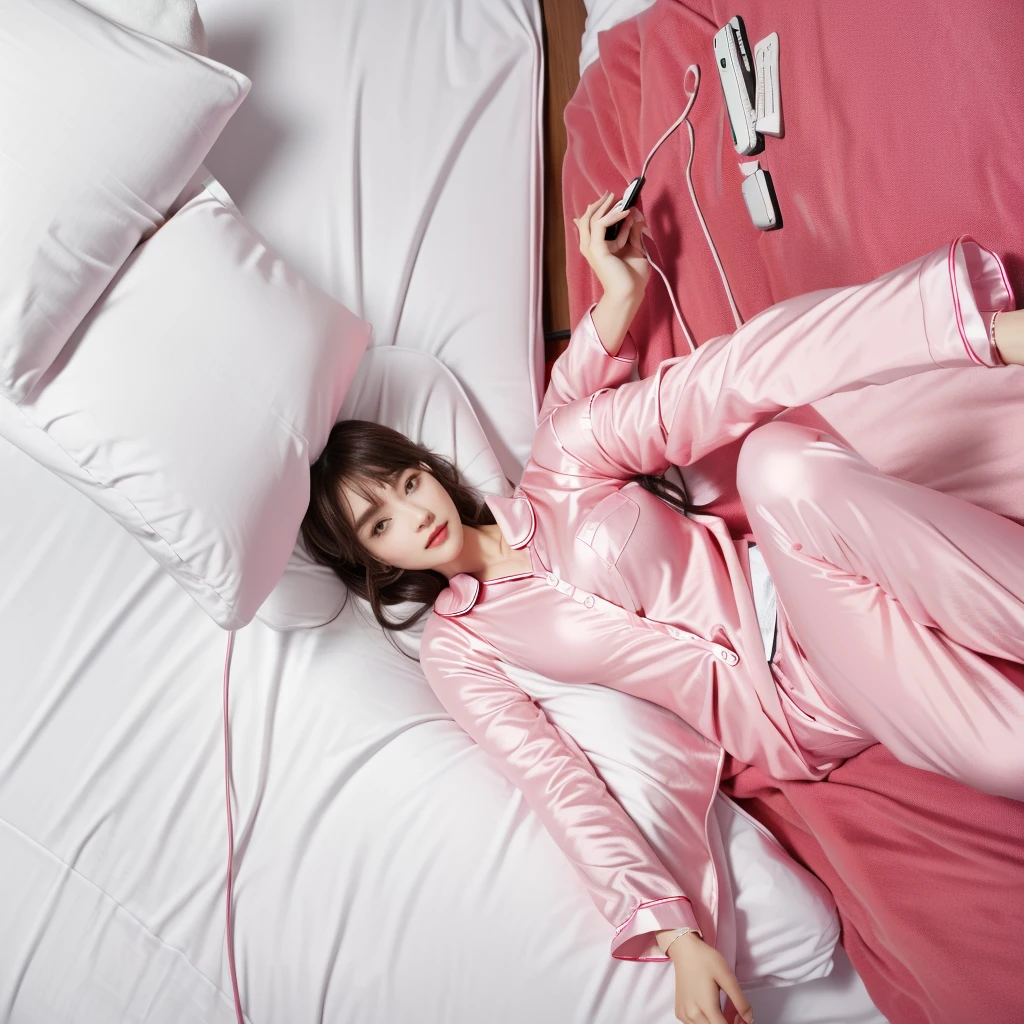A man lying in bed,Holding mobile phone, Wearing pink pajamas, High-quality photos,Lazy,cute