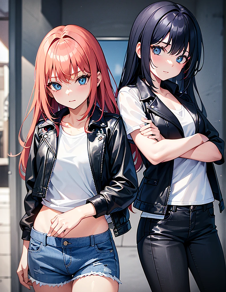 Two young girls, a young red-haired girl with blue eyes wearing a black leather jacket and a short white shirt with short blue denim shorts, and the second girl, a young girl with long black hair, blue eyes, a black leather jacket and a black shirt with short blue denim shorts., walking, dos chicas walking, chatting, chicas chatting