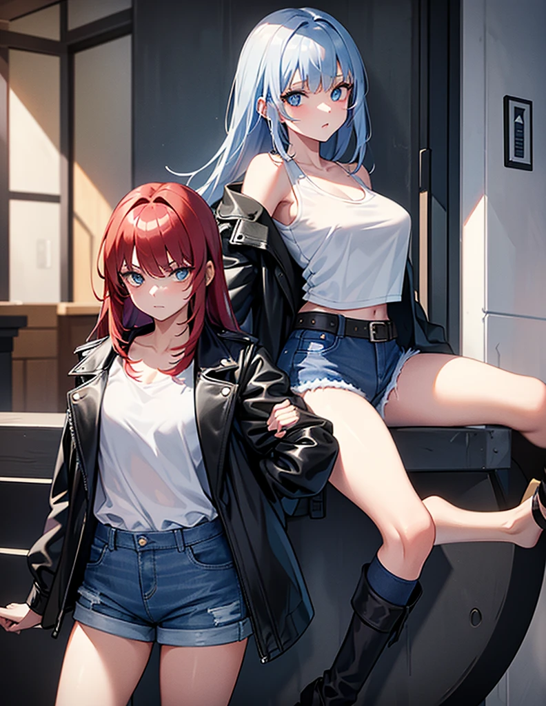 Two young girls, a young red-haired girl with blue eyes wearing a black leather jacket and a short white shirt with short blue denim shorts, and the second girl, a -yeld giwith gray hair., long hair, blue eyes white short shirt, strong blue jeans