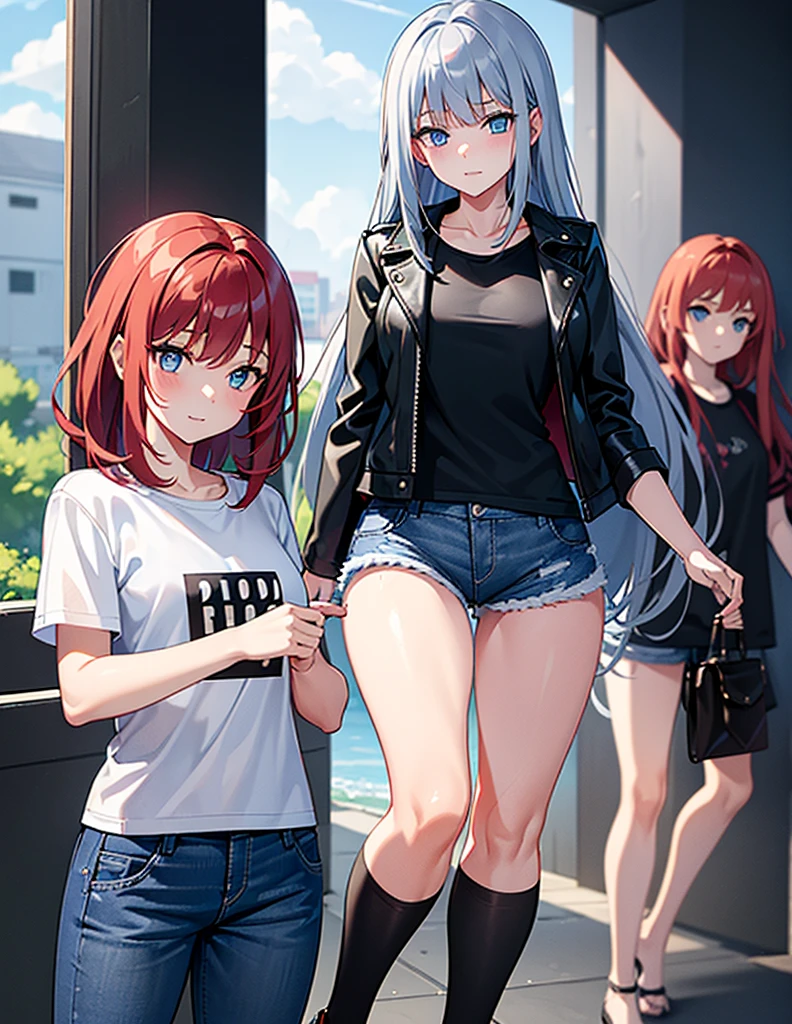 Two young girls, a young red-haired girl with blue eyes wearing a black leather jacket and a short white shirt with short blue denim shorts, and the second girl, a -yeld giwith gray hair., long hair, blue eyes white short shirt, strong blue jeans