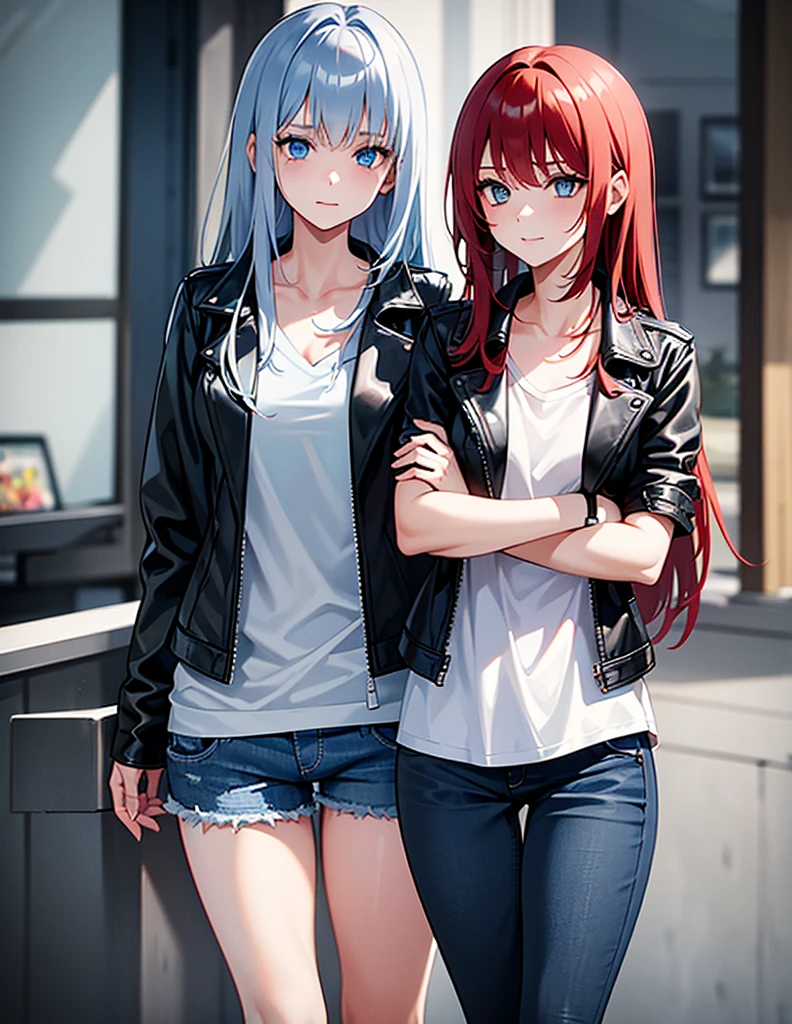 Two young girls, a young red-haired girl with blue eyes wearing a black leather jacket and a short white shirt with short blue denim shorts, and the second girl, a 10-year-old girl with gray hair., long hair, blue eyes white short shirt, strong blue jeans