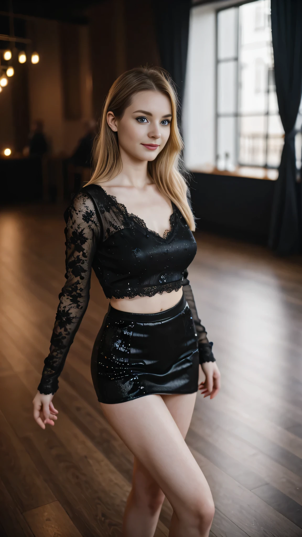 an icelandic woman with beautiful Delicate eyes, Beautiful and delicate lips, Extremely detailed face and skin, Pale skin, 23 years old, Wearing a dark lace top, black sequined skirt, skirt, high heels, medium long shot, dancing in the dance hall, beautiful lights, sexy figure, long legs, full body portrait. Beautiful photography,Long eyelashes, Good anatomy , Practical skin texture, Delicate eyes, professional, 4K, Wide-angle lens, Optical Depth of Field, Kodak Vision Color, Perfectly proportioned body, Extremely detailed, ultra-photoPractical, Practical, Post-Processing, Maximum details, Roughness, real life, ultra -Practical, Photorealism, photography, 8K Ultra HD, photography