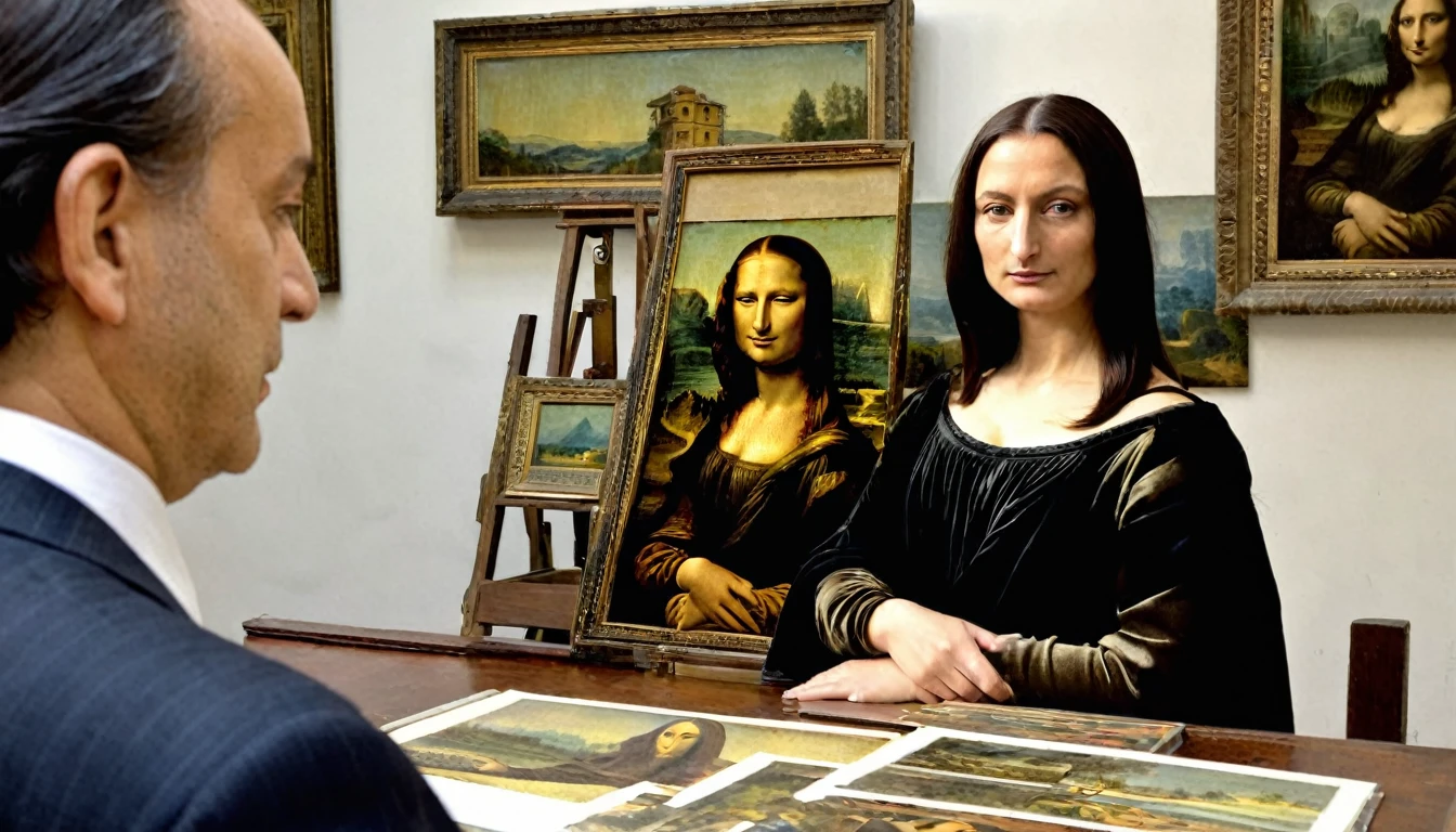 "Vincenzo Peruggia in an art dealer's office in Florence, Italy, trying to sell the Mona Lisa. The dealer looks skeptical, examining the painting closely."