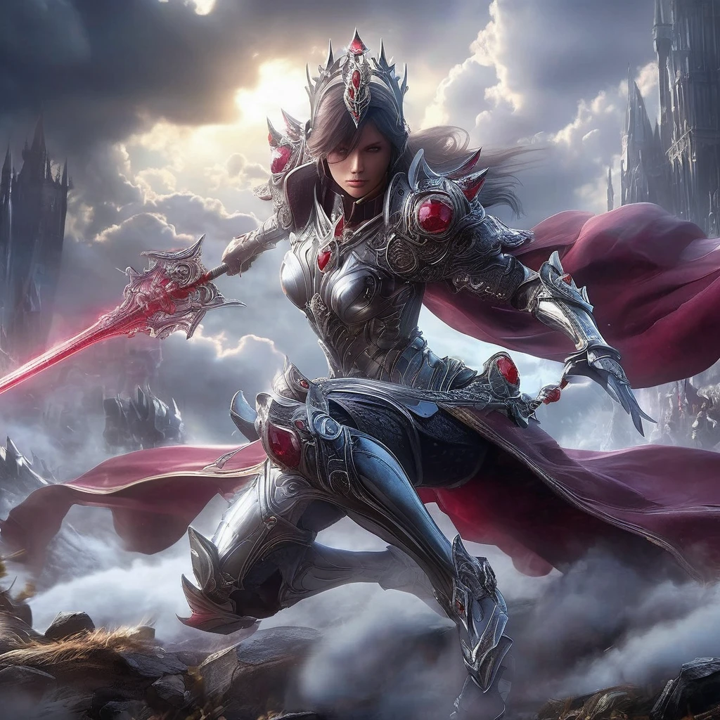 fantasy art, a fearless female knight adorns a holy armor made of ruby and polymer materials. She lunges forward with agility and grace, her sword drawn and ready. The background is a chaotic battlefield, ominous clouds, very detailed,UHD, cinematic