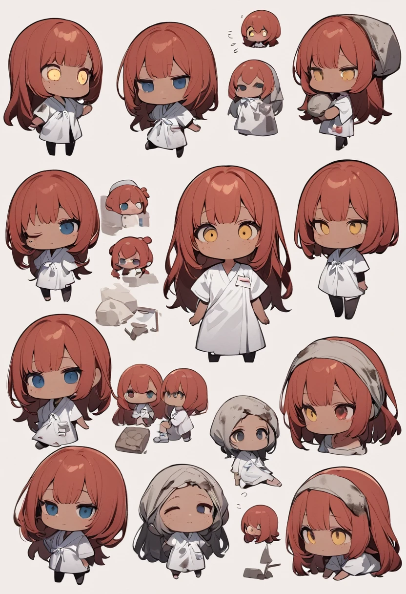full body,1 girl, Android girl, (cute:1.3),red Hair, long hair,left eye blue, right eye yellow, tan skin, freckles, {Bare shoulders, oversized torn hospital gown, old, dirty material,chibi emote, chibi character, emotionless eyes, sad face