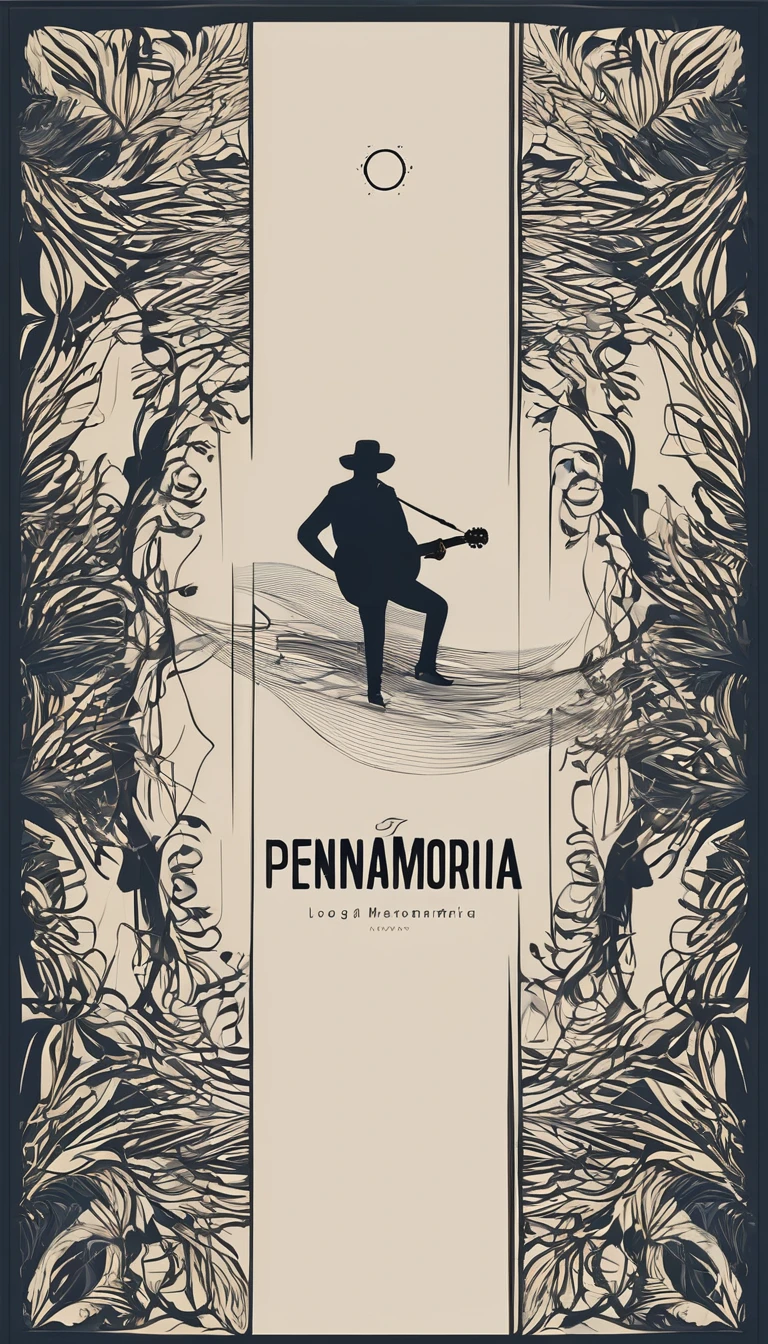 A minimal, modern, simple, cinematic logotype for the brand “Penamemoria". The logotype must be a simple, magical feather and a boy playing acoustic guitar. The logo must convey a sense of music, stories and dreams. Logo design impressed on a book cover. Minimalistic logo