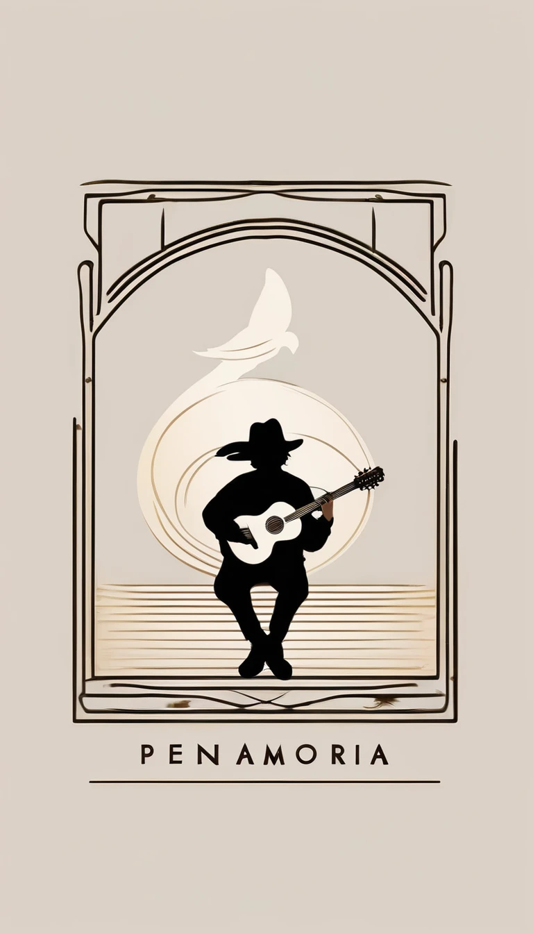 A minimal, modern, simple, cinematic logo design for the brand “Penamemoria". The logo design must be a simple, silhouette of a boy, standing up, playing acoustic guitar and fantasy feather by his side. The logo must convey a sense of music, stories, memories and dreams. Logo design impressed on a book cover. Minimalistic logo. Light blue, white and soft golden as colors for the logo design