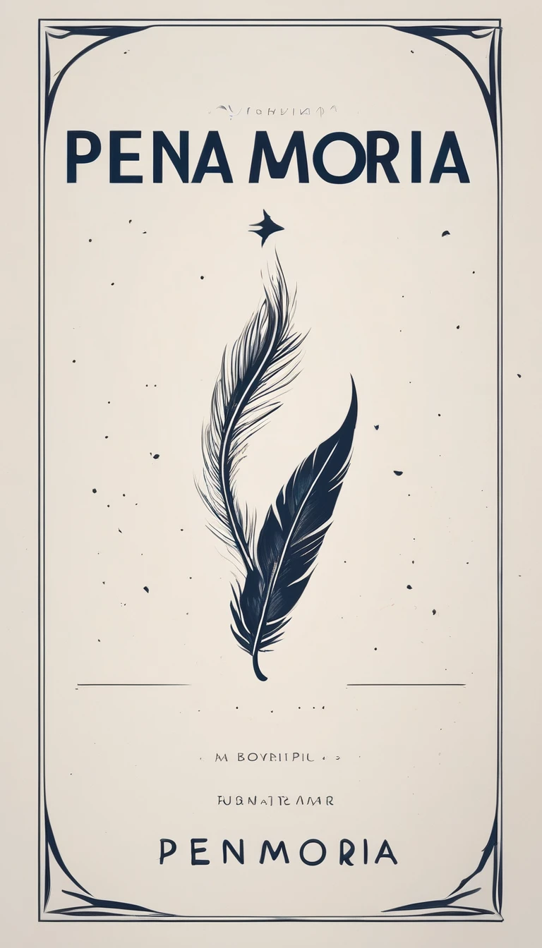 A minimal, modern, simple, cinematic logotype for the brand “Penamemoria". The logotype must be a simple, magical feather and a boy playing acoustic guitar. The logo must convey a sense of music, stories and dreams. Logo design impressed on a book cover. Minimalistic logo