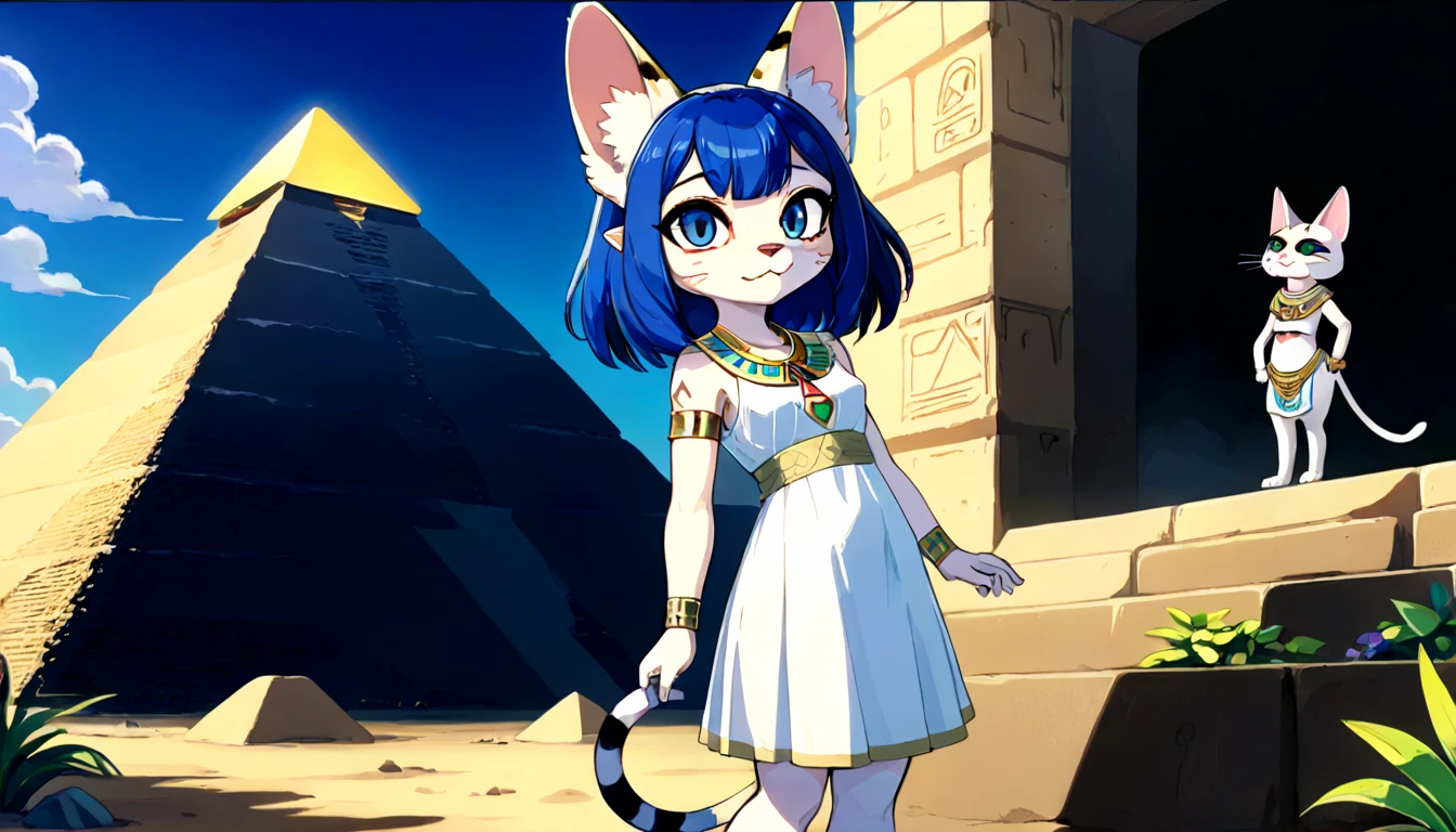 1girl，Artist Name，Egyptian cat，Blue Hair，skin，Keep your mouth shut，Wear，whole body，solo，Standing，猫Tail，Keep your mouth shut，Wear，Looking at the audience,Animal Crossing Furry, Blue Hair, Hair accessories, 黄skin, black eyes, White Dress, Tail, Egyptian Pyramids，mummy，Sunlight，sunny，(masterpiece), ((best quality), Detailed background, masterpiece, best quality, high quality, absurd, The award-winning, professional, Very detailed