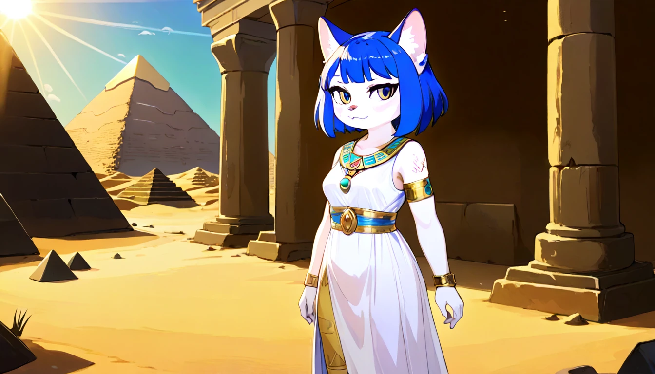 1girl，Artist Name，Egyptian cat，Blue Hair，skin，Keep your mouth shut，Wear，whole body，solo，Standing，猫Tail，Keep your mouth shut，Wear，Looking at the audience,Animal Crossing Furry, Blue Hair, Hair accessories, 黄skin, black eyes, White Dress, Tail, Egyptian Pyramids，mummy，Sunlight，sunny，(masterpiece), ((best quality), Detailed background, masterpiece, best quality, high quality, absurd, The award-winning, professional, Very detailed