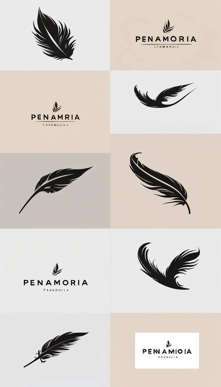 A minimal, modern, simple, cinematic logo design for the brand “Penamemoria". Create a modern, minimalistic, high-quality, logo of a bird feather