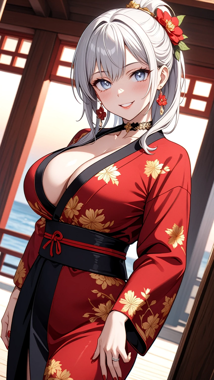 ((One personの女性)), Beautiful Face, (Laughing embarrassedly), (smirk:1.4), ((Wink:1.8)), (head tilt:1.3), Laugh with your mouth wide open, upper teeth, looking at viewer, (Doing sexy poses), ((Bright red cheeks:1.4)), Glossy Red Lips, night,Terrace with sea view, firework, Glossy red lips, Shining Face, ((Anime style background)),masterpiece, Highest quality, so beautiful,up to date, Complex details, (long nails of red color), (nail art), (ring),(bracelet),(Floral choker),AI-generated, Complex,High resolution, Highest quality, super high quality,3D Images、3D Images,One person,Long white hair,High Ponytail, Anime woman posing for a photo, (blue eyes:1.2), ((Fine grain、Light silvery white eyes、Shining Eyes:1.3)), (Squint your eyes:1.1),a hyperRealistic , hyperRealistic , Realistic,Anime woman with long white hair, Smooth anime CG art, (A woman in a colorful kimono with gold embroidery), (Black long sleeve kimono),Red floral pattern,Long flower hair ornament,Earrings,Mature Body,(Big Breasts:1.1),Tall,Abdominal muscles,Tight waist, (face focus:1.2), (dutch angle:1.3),