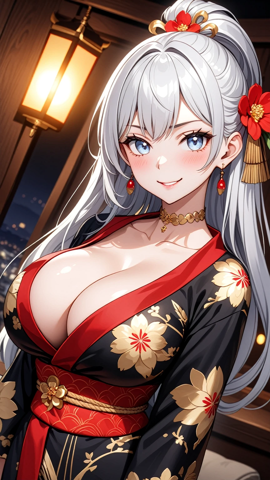 ((One personの女性)), Beautiful Face, (Laughing embarrassedly), (smirk:1.4), ((Wink:1.8)), (head tilt:1.3), Laugh with your mouth wide open, upper teeth, looking at viewer, (Doing sexy poses), ((Bright red cheeks:1.4)), Glossy Red Lips, night,Terrace with sea view, firework, Glossy red lips, Shining Face, ((Anime style background)),masterpiece, Highest quality, so beautiful,up to date, Complex details, (long nails of red color), (nail art), (ring),(bracelet),(Floral choker),AI-generated, Complex,High resolution, Highest quality, super high quality,3D Images、3D Images,One person,Long white hair,High Ponytail, Anime woman posing for a photo, (blue eyes:1.2), ((Fine grain、Light silvery white eyes、Shining Eyes:1.3)), (Squint your eyes:1.1),a hyperRealistic , hyperRealistic , Realistic,Anime woman with long white hair, Smooth anime CG art, (A woman in a colorful kimono with gold embroidery), (Black long sleeve kimono),Red floral pattern,Long flower hair ornament,Earrings,Mature Body,(Big Breasts:1.1),Tall,Abdominal muscles,Tight waist, (face focus:1.2), (dutch angle:1.3),