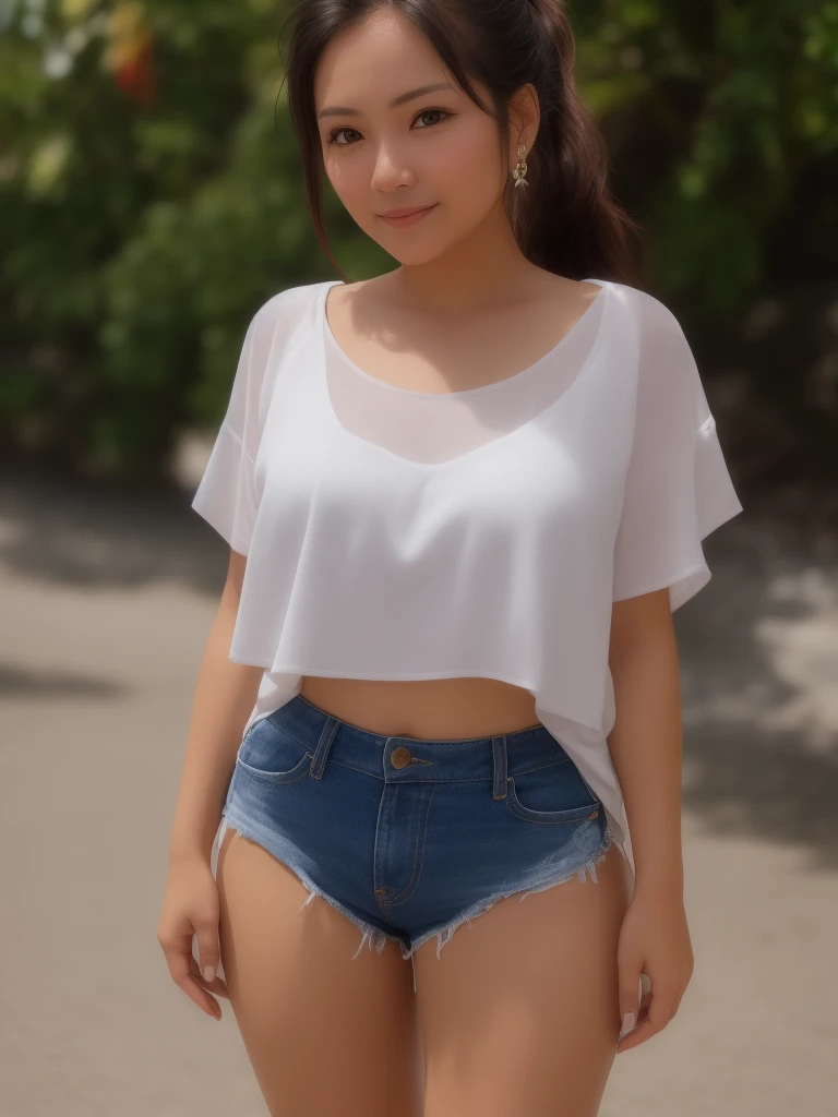 Filipina woman, Intimate, face blush, red blushy cheeks, ponytail, feeling excited, beautiful thighs, in love, wearing summer mini shorts