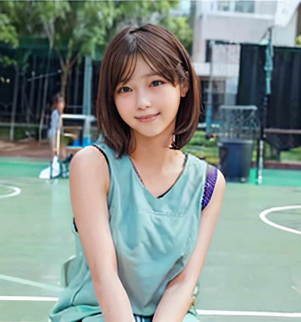 Best image quality、Highest quality、masterpiece、Ultra-high resolution、、immature、Realistic:1.4、Professional Lighting、Cute school girl、The cutest Nishino Nanase、Baby Face、Very short hair、thin、Moderate size chest cup bust、Large erect nipples、smile、（Basketball Player:1.4、School gym:1.6、Sitting on the basketball court）