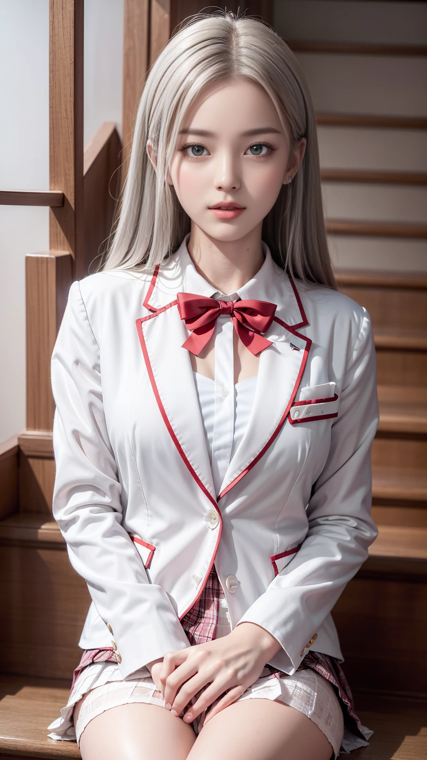 top quality work,actual work,Ultra-premium graphics,8K HD CG 작동,High-quality graphics,High-definition CG work,10x Pixel,very fine details:1.1,Advanced technical details:1.1 realistic,(A girl sitting cross-legged on the stairs)natural light:1.5. lighting effects(virtual lighting effects:1.8),濡れた長いsilver hair,silver hair,transparent hair,Hair that pays attention to detail(Premium hair details:1.1)clear eyes,Your double eyelids are pretty,Sharp eye makeup, Delicate eyelash makeup, thin eyebrows, very detailed eyes,high nose, I like red lips, Rose cheeks, A face with delicate makeup , Cute face, perfectly balanced face,(Advanced facial details:1.1),shining,very coolドレス,bright red series,((front open wet white blazer)) 、(Translucent wet white blouse)、(red bowtie)、(wet check skirt)、、female 、Photo shoot,female'Works of art,full body portrait,realism,very cool,My eyes are sparkling again today、(8. she'It's wet)),(sudden rain、wind),(windでスカートが舞い上がる),(I can see your pants)、