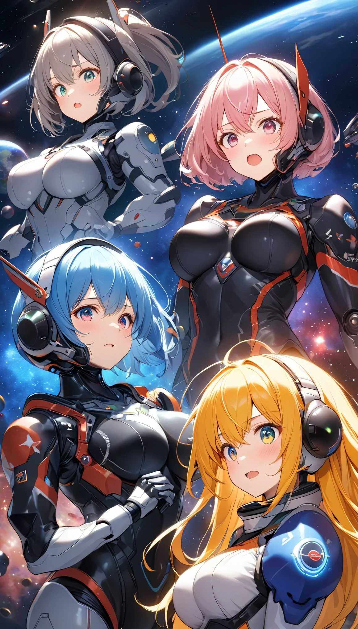 Highest quality, Highest quality, 16K, Unbelievably absurd, Very detailed, 2.5D, delicate and dynamic, universe, ロボットwar, war, , Vivid Earth, Tiny faint lights and colorful meteors, space ships, universeステーション, Very delicate facial expressions, Delicate eye depiction, Upper body close-up,, erotic, dynamic sexy poses, One sexy woman, Healthy body shape, 22-year-old woman, Fighter pilot, Height: 170cm, big firm bouncing busts, Full Face Helmet, A robot suit with a complex structure, Robot Suzu with complex colors, Tight robot suit, , Movie battle scenes, Ready your gun?