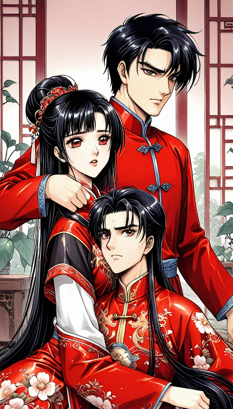 A tragic historical drama in 8k live-action style: Beautiful palace secrets　Beautiful Chinese Kung Fu Princess with long black hair has very intense sex with old Emperor　Gorgeous embroidery, Ultra glossy, She is wearing a shiny red top and bottom long sleeve floral pajama kung fu suit....　　