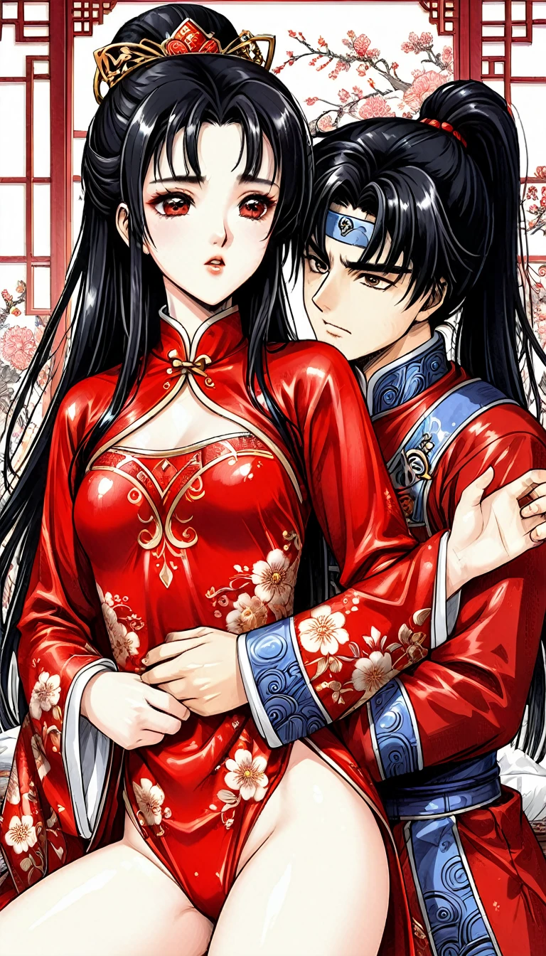 A tragic historical drama in 8k live-action style: Beautiful palace secrets Beautiful Chinese Kung Fu Princess with long black hair has very intense sex with old Emperor Gorgeous embroidery, Ultra glossy, She is wearing a shiny red top and bottom long sleeve floral pajama kung fu suit....