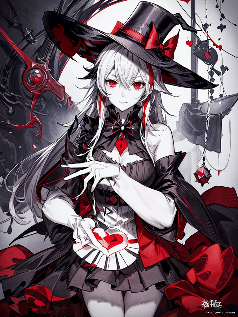 a close up of a person with a hat and a top hat, kawacy, anime cover, gothic harts, shadowverse style, from arknights, high detailed official artwork, black and white with red hearts, harley queen, nightcore, monochrome and red color bleed, light novel cover art, artbook artwork, artwork in the style of guweiz