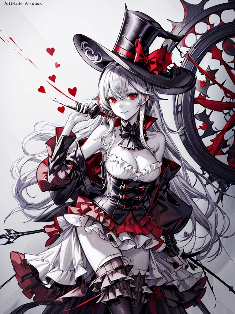 a close up of a person with a hat and a top hat, kawacy, anime cover, gothic harts, shadowverse style, from arknights, high detailed official artwork, black and white with red hearts, harley queen, nightcore, monochrome and red color bleed, light novel cover art, artbook artwork, artwork in the style of guweiz
