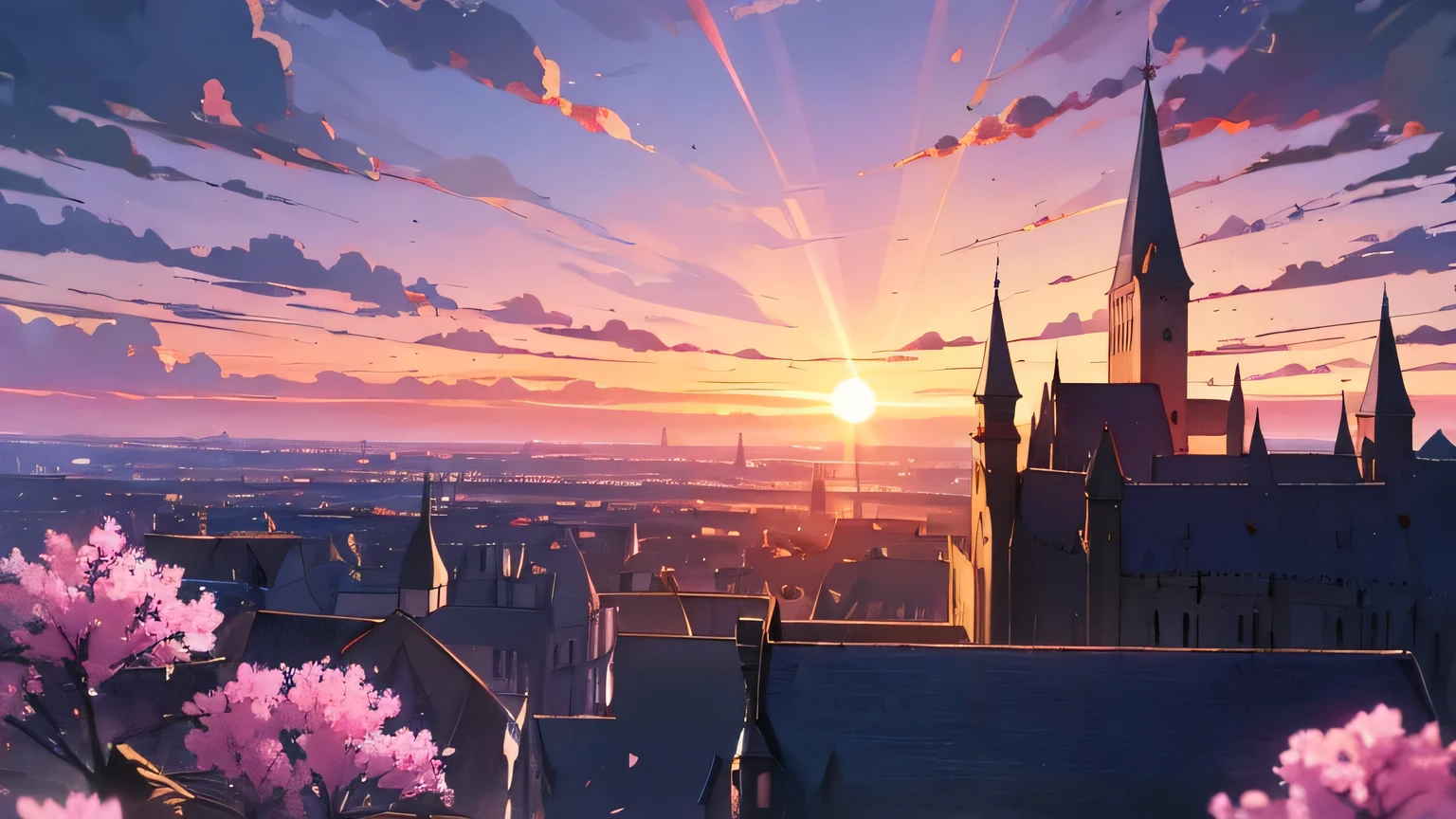 A vampire night in the night, a dark castle, yellow sunset, pink flowers gothic style in the background, harry potter styles, witches and warlocks on the air with blooms