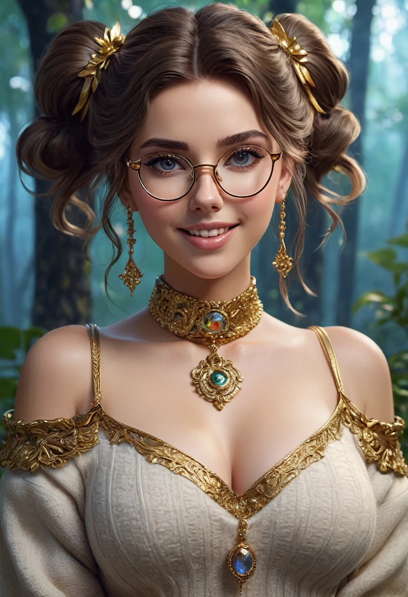 masterpiece, best quality, highly detailed, 1girl, solo, twintails, off-shoulder sweater, choker, large glasses, gold locket, jacket, hairband, looking at viewer, smile, blush, Wide Smile, Eyes Detailed & Wide, sexy Pose. Ultra HD, Rococo-Inspired Fantasy Art With Intricate Details. Cute, Charming Expression, Alluring-Gaze, looking at viewer Beautiful Eyes, An-Ideal-Figure. Large Youthful Well-Shaped-Breasts, Massive-Round-Bosom, Décolletage. slim waist, fit body, full lipsWarm lights , woman in a dreamy forest at night, with fluffy hair, delicate face, realistic, real, slim, large aperture, sexy shots, attractive poses,Stunnin gly beautiful merge of Scarlett Johanson. Alison Brie, Selena Gomez. symmetrical face, photorealistic, photography, path tracing, specular lighting, volumetric face light, path traced hairmaximum quality{(masutepiece) (8K High Resolution) (top-quality) In the style of breath of the wild.
