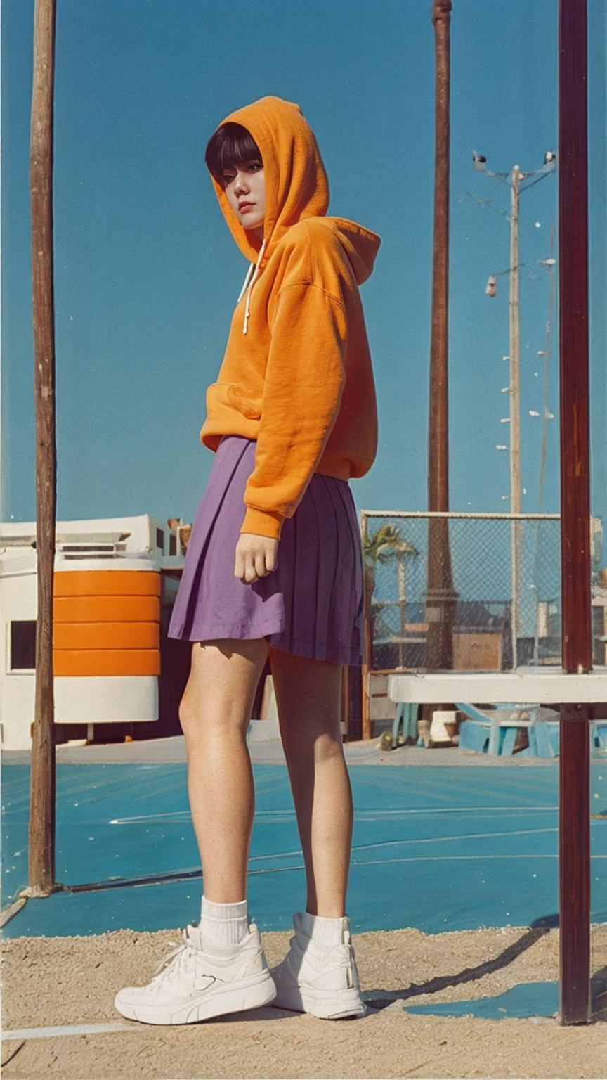 long shot portrait of cute 23 yo girl, (natural breast) ,wear ((orange color oversized hoodie)), wear ((purple tennis skirt)),looking front,Best Quality,Masterpiece,Ultra High Resolution,(Realisticity:1.4),Original Photo, 1Girl, light leak,ultra high resolution,UHD,beautiful, (black bob hair), almond eye, no makeup, in front of (80's mondrian architecture motel), (realistic:1.2), (surreal:1.3), (very detailed:1.1), ((masterpiece)),summer, blue sky, palm trees,sunny, los angles vibes,film camera, 800mm lens,style of Philip Lorca diCorcia