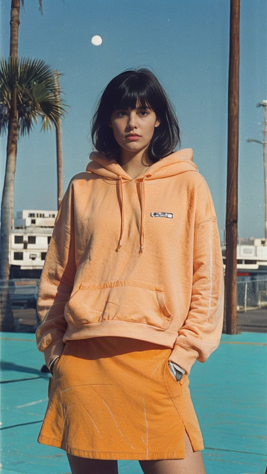 long shot portrait of cute 23 yo girl, (natural breast) ,wear ((orange color oversized hoodie)), wear ((purple tennis skirt)),looking front,Best Quality,Masterpiece,Ultra High Resolution,(Realisticity:1.4),Original Photo, 1Girl, light leak,ultra high resolution,UHD,beautiful, (black bob hair), almond eye, no makeup, in front of (80's mondrian architecture motel), (realistic:1.2), (surreal:1.3), (very detailed:1.1), ((masterpiece)),summer, blue sky, palm trees,sunny, los angles vibes,film camera, 800mm lens,style of Philip Lorca diCorcia