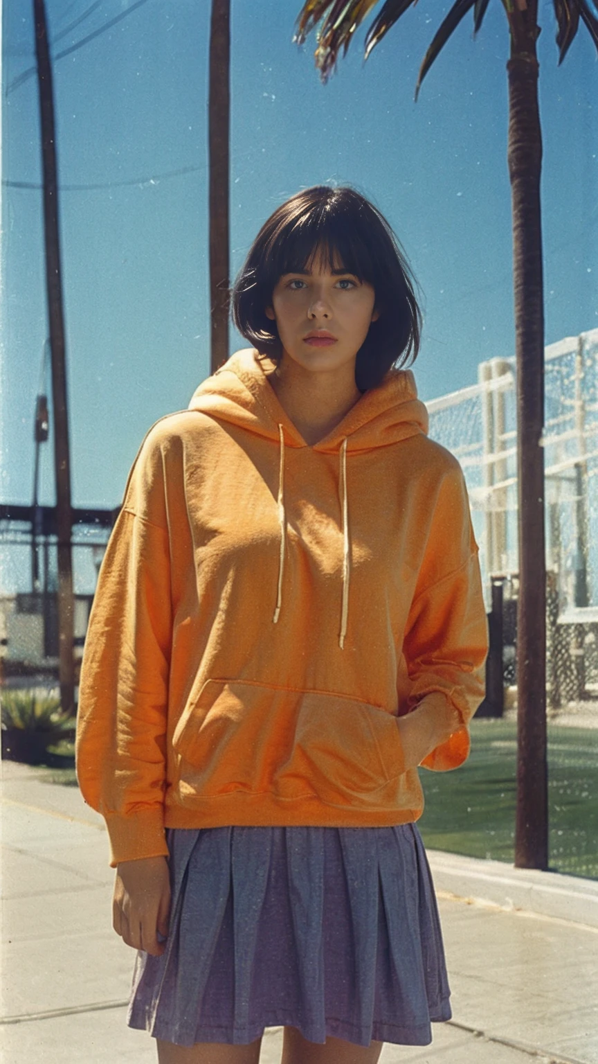 long shot portrait of cute 23 yo girl, (natural breast) ,wear ((orange color oversized hoodie)), wear ((purple tennis skirt)),looking front,Best Quality,Masterpiece,Ultra High Resolution,(Realisticity:1.4),Original Photo, 1Girl, light leak,ultra high resolution,UHD,beautiful, (black bob hair), almond eye, no makeup, in front of (80's mondrian architecture motel), (realistic:1.2), (surreal:1.3), (very detailed:1.1), ((masterpiece)),summer, blue sky, palm trees,sunny, los angles vibes,film camera, 800mm lens,style of Philip Lorca diCorcia