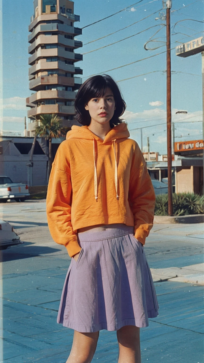 long shot portrait of cute 23 yo girl, (natural breast) ,wear ((orange color oversized hoodie)), wear ((purple tennis skirt)),looking front,Best Quality,Masterpiece,Ultra High Resolution,(Realisticity:1.4),Original Photo, 1Girl, light leak,ultra high resolution,UHD,beautiful, (black bob hair), almond eye, no makeup, in front of (80's mondrian architecture motel), (realistic:1.2), (surreal:1.3), (very detailed:1.1), ((masterpiece)),summer, blue sky, palm trees,sunny, los angles vibes,film camera, 800mm lens,style of Philip Lorca diCorcia