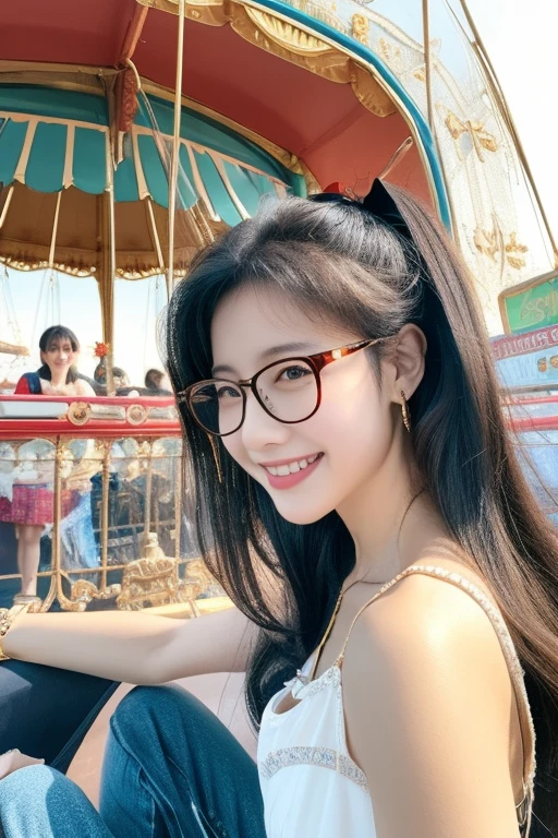 Highest quality、masterpiece、High sensitivity、High resolution、Detailed Description、One person、Slender women、Slim Body、Glasses、Inside the Ferris wheel、Sit facing each other、In close proximity、smile、The view is from a high point、