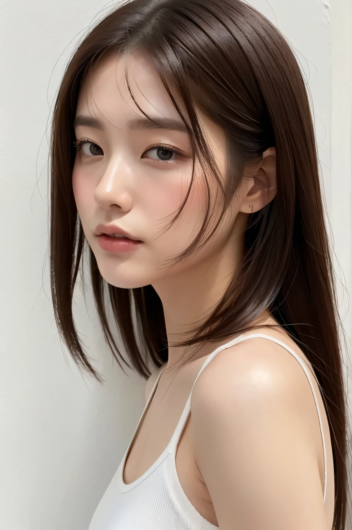 (Highly realistic photos, High resolution, Detailed face, Fine grain), ((Photographed in front of a white wall))、Japanese women, 20-year-old, A variety of expressions, alone:1, Slim figure, Various hairstyles, Casual clothing, Alone in the photo、Selfie、Photographed in natural light、Simple Necklace、Spring Clothes、Looking at the camera、profile、Dark brown hair color
