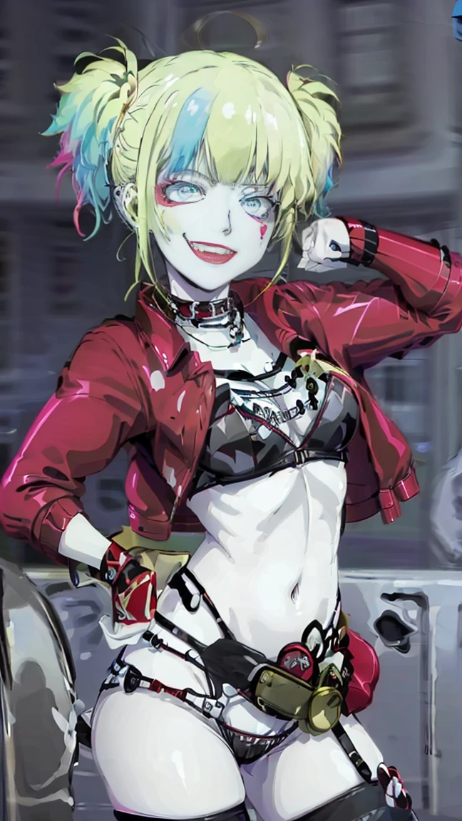 masterpiece, Best quality, A high resolution, 1 girl, hair braided in two short ponytails, Harley Quinn from Suicide Squad, open jacket with short sleeves shorts studded belt mesh belt chain gloves bracelet hand on hip, smile, woman, adult girl, real photos、smile, tmasterpiece, (pink kimono), seductive face, Ideal girl, perfect details, Ultra HD |, 8 k, professional photo, anime style,