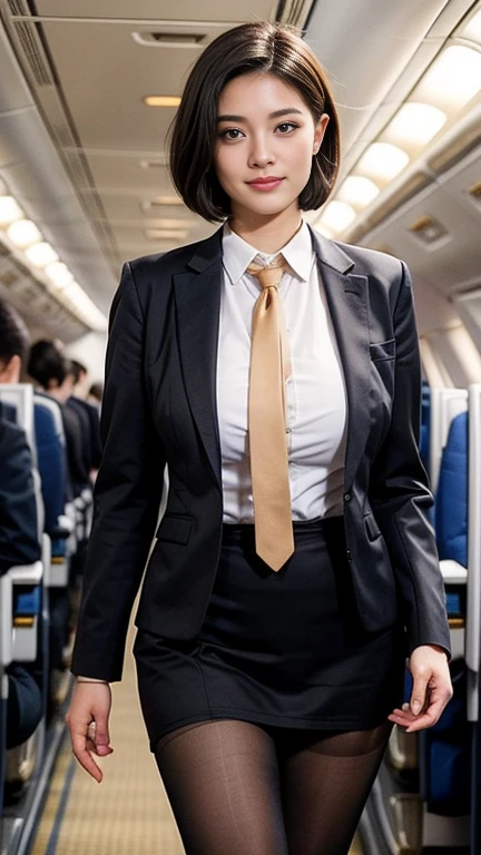 1beautiful womanl, 28years、hyperdetailed face、Detailed lips、A detailed eye、double eyelid、(Black bob hair、Smiling while walking gracefully down the aisle)、(Stewardess uniform:1.2)、、((Stewardess suits)) ((beautiful tie)) ((blaclk tights stockings)) (Glamorous body)、(Colossal tits)、((short-cut hair))、（large full breasts）（big butts）（Plump body）（plump body shape）（ large full breasts）（Colossal tits）((J-Cup))、highs thighs thighs thighs, Perfect fit, Perfect image realism, Background with: (Business Class aisle on airplanes:1.2), Cowboy Shot, Meticulous background, detailed costume, Perfect litthing、Hyper-Realism、(Photorealsitic:1.4)、8K maximum resolution, (​masterpiece), ighly detailed, Professional
