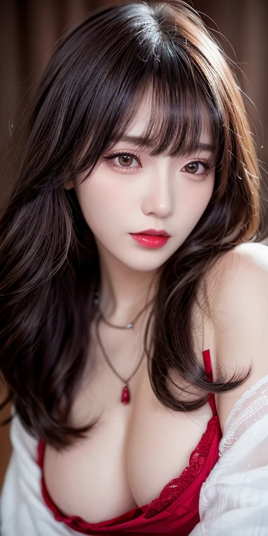Canon RF 85mmf/1.2,masutepiece,Best Quality,超A high resolution,tu,1 girl,(Korean mixed,Kpop Idol:1.2),Solo,white_shiny_skin,Black eyes,Necklace,brown_long_Wavy_hair,Red lipstick bright_shiny_Lips,Eyelashes,Bangs,deal,make - up,shiny,Pore,skin texture,Bracelet,off shoulders,See-through,Big breasts