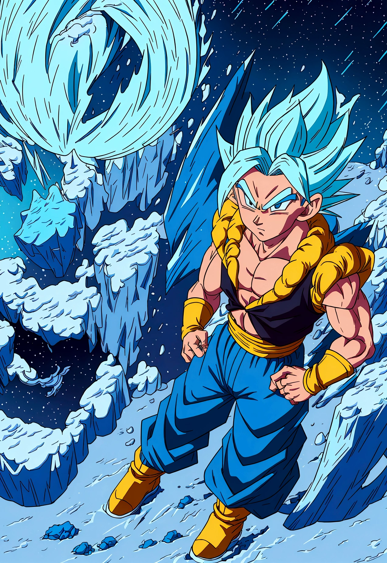 full body image, dragon ball super drawing style, gogita, fusion of gogeta and gogita, super saiyajin blue, blue fur, blue power aura, potara clays, black vest with yellow details, loose blue pants, cloth ribbon tied on the hip, white boots with yellow tips, white gloves