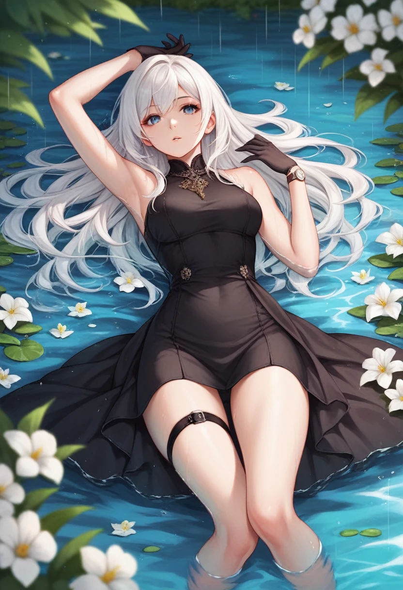 detailed, aesthetic, beautiful, beautiful color, amazing quality, best quality, 1girl, dress, solo, long hair, clock, black dress, flower, arm up, gloves, white hair, bangs, rain, grey eyes, black gloves, lying, looking at viewer, sleeveless, (blue eyes), blurry, roman numeral, on back, sleeveless dress, thigh strap, armpits, white flower, parted lips, water, watch, pocket watch