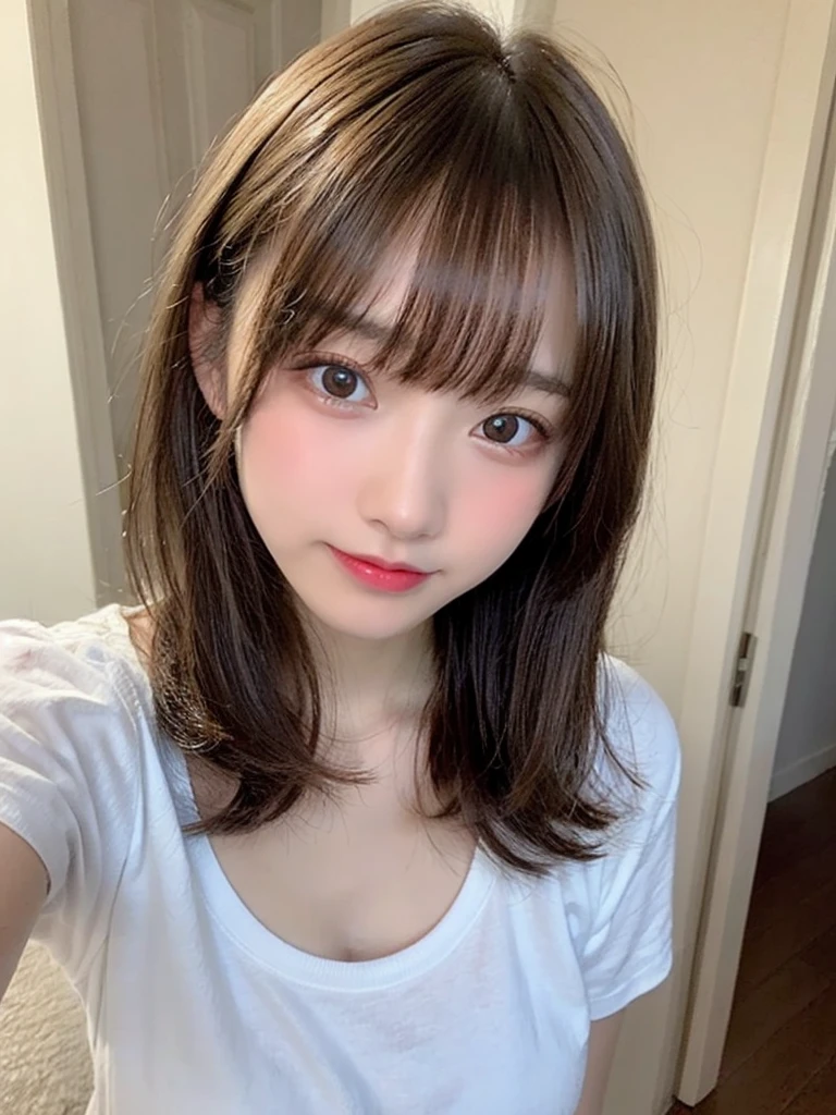 Tabletop, Highest quality, shape, Very detailed, finely, High resolution, 8k wallpaper, 完璧なダイナミックな構shape, finelyて美しい目, White T-shirt,Medium Hair,Natural color lip, smile,Harajuku、age Girl、cute、Looking into the camera、C Cup、Brown Hair、White wall、In front of a white door、Photographed in natural light、Very detailed顔と肌の質感、Very detailed唇、Natural color lip、Taking a selfie