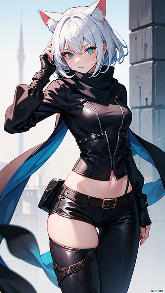 work of art, best qualityer, high resolution, 1 girl, synonym 1, scarf, short hair, mitts, ninja mask, long sleeves, leather pants, White hair, Cat's ears, cat tail, roupas de rogue, leather pants, holding, holding faca, heterochromia, yellow eye, blue eye, 14 eyes old, hooded cloak, rogue rpg, rpg, ninja, ruins, medioval