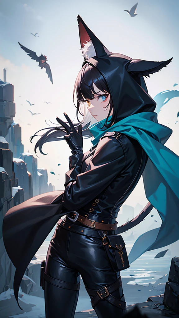 work of art, best qualityer, high resolution, 1 girl, synonym 1, scarf, short hair, mitts, ninja mask, long sleeves, leather pants, White hair, Cat's ears, cat tail, roupas de rogue, leather pants, holding, holding faca, heterochromia, yellow eye, blue eye, 14 eyes old, hooded cloak, rogue rpg, rpg, ninja, ruins, medioval