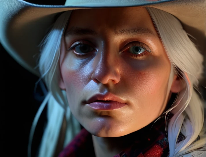 (front focus), (in the dark:1.6), Hyperrealist portrait of female by david hockney and alphonse mucha, fantasy art, photo realistic, dynamic lighting, artstation, poster, volumetric lighting, very detailed faces, 4 k, award winning, 1girl, in the dark, deep shadow, low key, cowboy shot, (official clothing:1.4), long hair, white hair