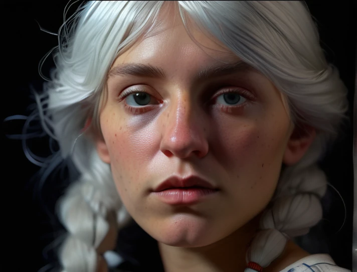 (front focus), (in the dark:1.6), Hyperrealist portrait of female by david hockney and alphonse mucha, fantasy art, photo realistic, dynamic lighting, artstation, poster, volumetric lighting, very detailed faces, 4 k, award winning, 1girl, in the dark, deep shadow, low key, cowboy shot, (official clothing:1.4), long hair, white hair